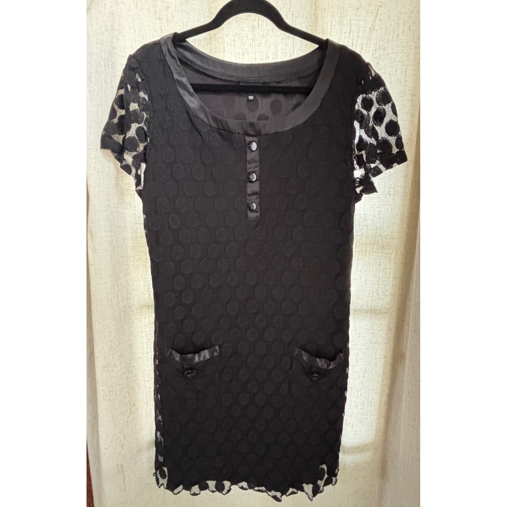 En Focus Women Black Polka Dot Lace Sleeve Shift Dress 18W‎ 93761 Pocket Scallop